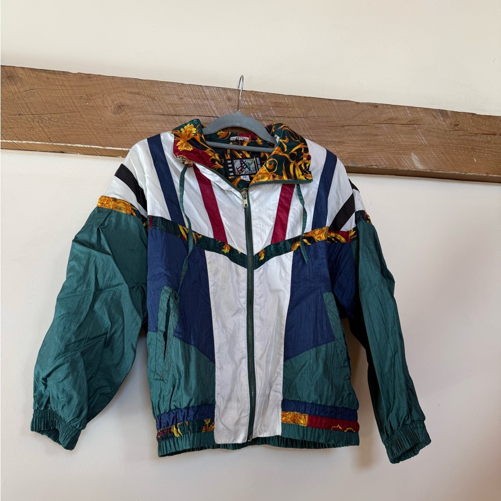 Retro Colorblock Bomber Jacket - Green, Navy & White - Picture 1 of 4